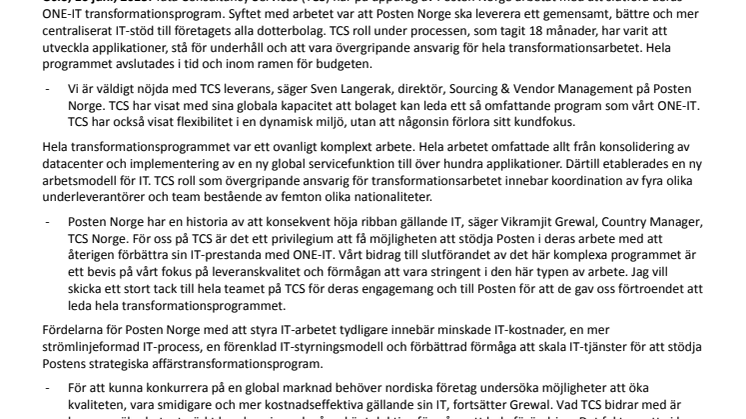 TCS slutför Posten Norges transformationsprogram framgångsrikt   
