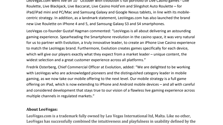 mCommerce sensation LeoVegas live with the first true Live Roulette for iPhone