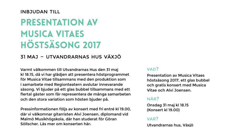 Inbjudan till presstillfälle: presentation av Musica Vitaes höstsäsong 2017