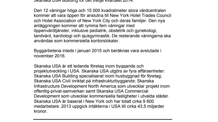 Skanska bygger ny vårdcentral i New York, USA, för cirka 640 miljoner kronor