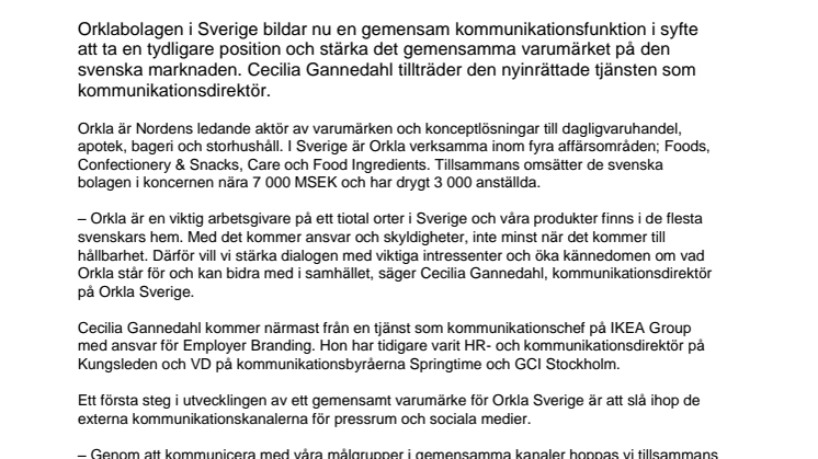 Cecilia Gannedahl ny kommunikationsdirektör för Orkla i Sverige