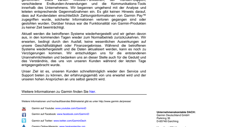 Garmin Statement Server-Ausfall