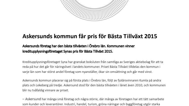 Askersunds kommun får pris för Bästa Tillväxt 2015