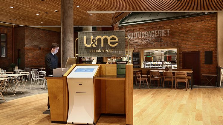 Self-service checkin desk at U&Me Hotel in Umeå, Sweden, by Stylt Trampoli