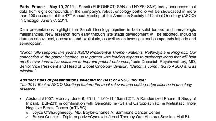 Data at ASCO Showcase Sanofi’s Commitment to Research and Identify Treatments for Cancer Patients