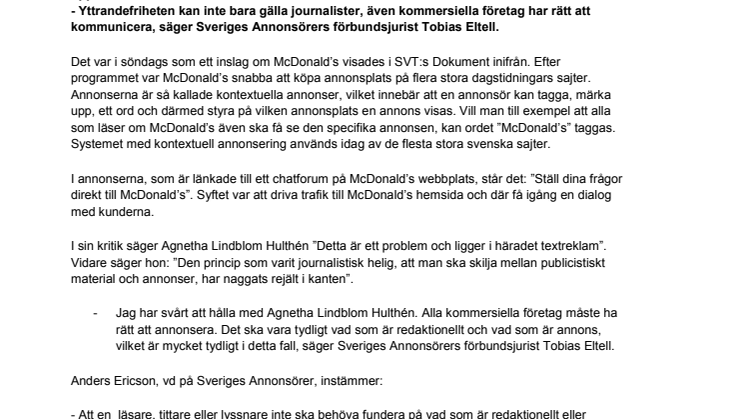 Sveriges Annonsörer: Även McDonald’s har en yttrandefrihet