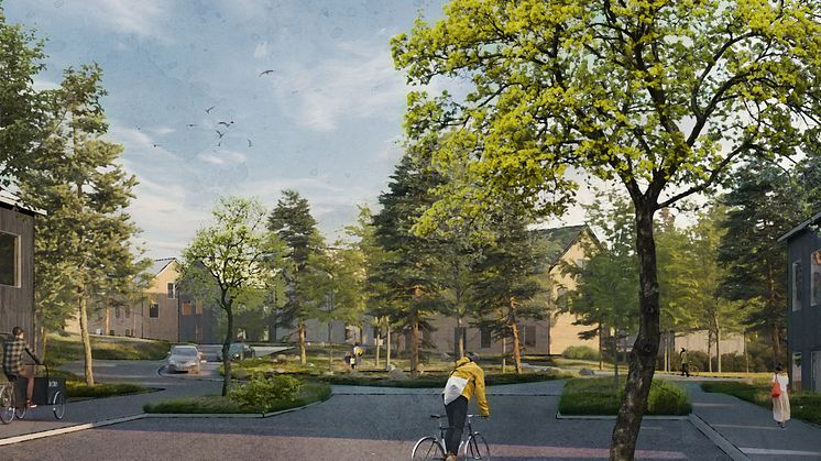 Vy över gaturum i Fredriksdal där naturen har en viktig plats. Illustration: Archus och AL Studio