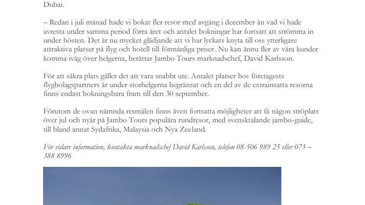 Rekordstor efterfrågan: Jambo Tours släpper extrainsatta jul- och nyårsresor