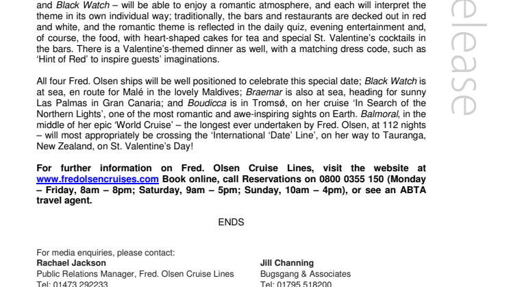Fred. Olsen Cruise Lines Celebrates St. Valentine's Day