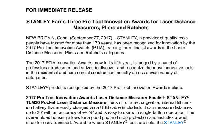 STANLEY Earns Three Pro Tool Innovation Awards for Laser Distance Measurer, Pliers and Ratchets