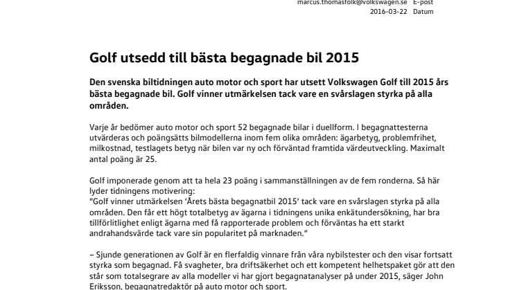 Golf utsedd till bästa begagnade bil 2015