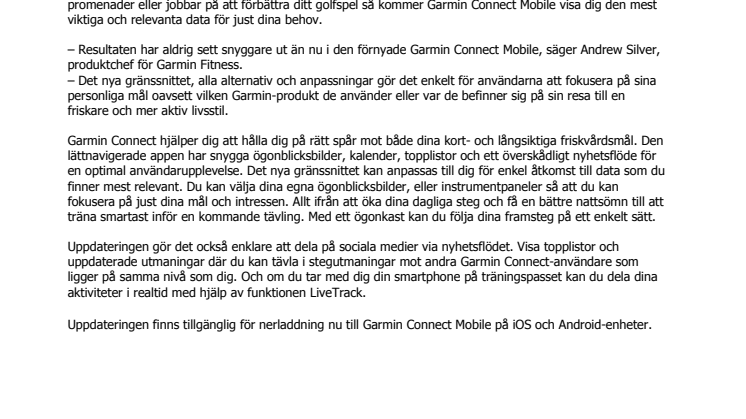 Garmin® uppdaterar Garmin Connect Mobile App