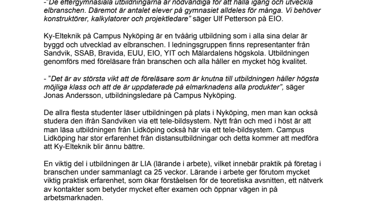 Elteknisk utbildning på Campus Nyköping ger arbete
