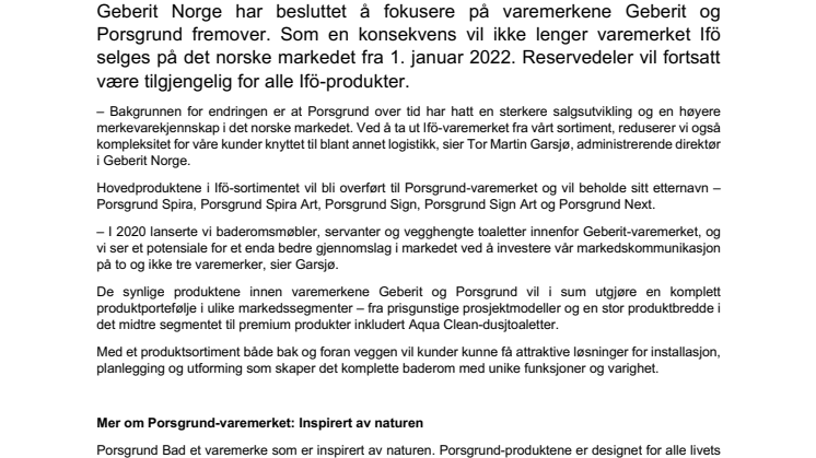 Geberit Norge satser på varemerkene Geberit og Porsgrund – faser ut Ifö