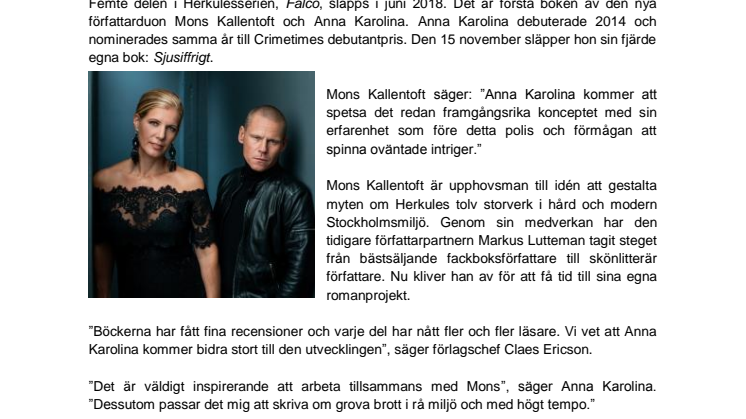 ANNA KAROLINA BLIR MONS KALLENTOFTS NYA MEDFÖRFATTARE PÅ HERKULESSERIEN