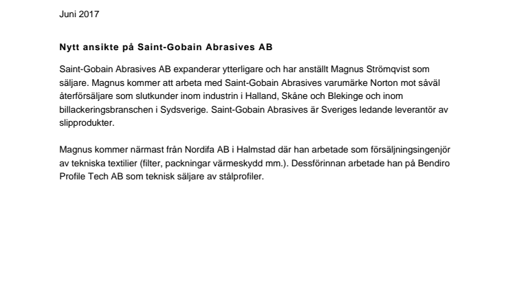Nytt ansikte på Saint-Gobain Abrasives AB