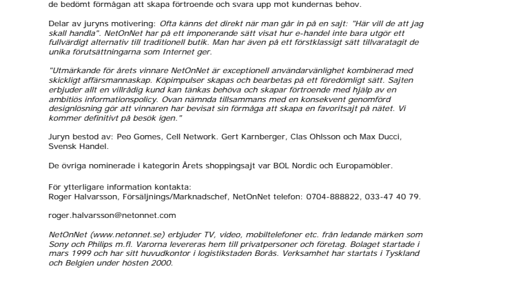 NetOnNet årets shoppingsajt 2000