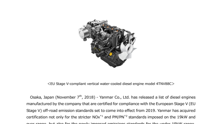 Yanmar's Industrial Diesel Engines Get Certification for EU Stage V Emission Standards