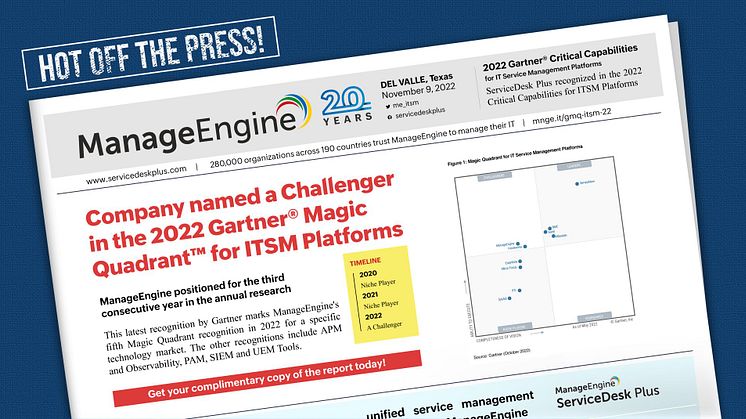 ManageEngine ServiceDesk Plus har utsetts till Challenger i 2022 Gartner Magic Quadrant for IT Service Management Platforms.