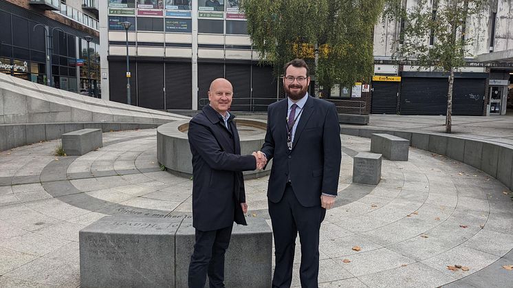 David Burkinshaw, development director at Muse Developments, and Cllr Eamonn O’Brien, leader of Bury Council, at the Longfield Centre in Prestwich.