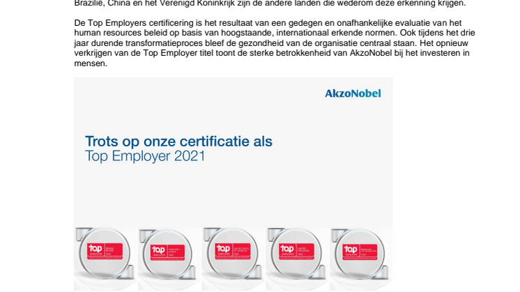 AkzoNobel Nederland prolongeert Top Employer-certificering 