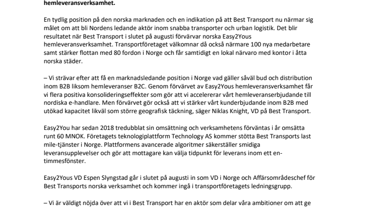 Strävar efter marknadsledande position i Norge: Best Transport förvärvar norska Easy2Yous hemleveransverksamhet