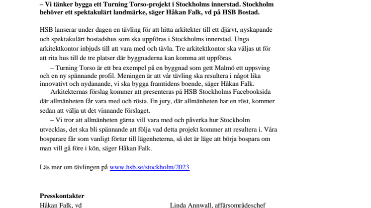 HSB bygger ”Turning Torso” i Stockholms innerstad 