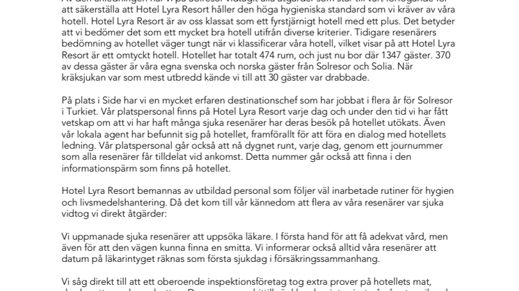 Situationen på Hotel Lyra Resort och Solresors åtgärder