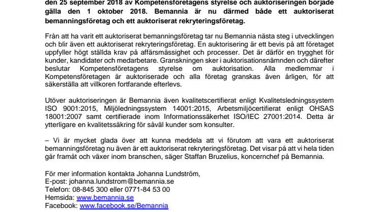 Bemannia blir ett auktoriserat rekryteringsföretag