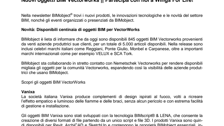 Nuovi oggetti BIM per Vectorworks, ArchiCAD, Revit e Sketchup || Partecipa con noi a Wings For Life!