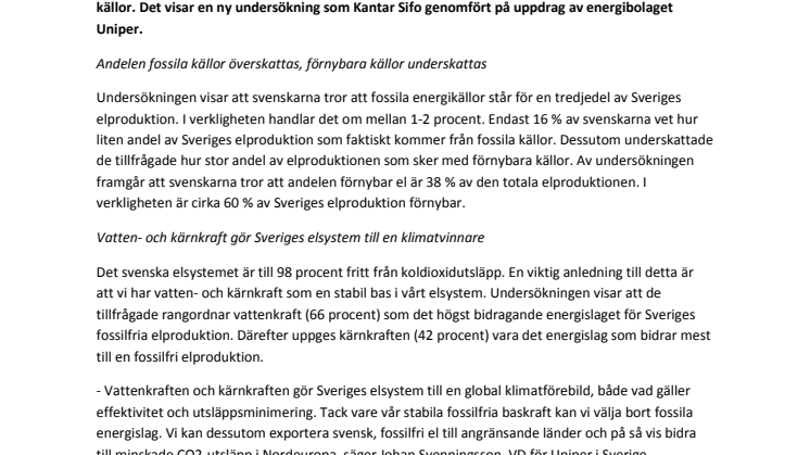 Ny undersökning: Mindre fossil elproduktion än vad svenskarna tror 