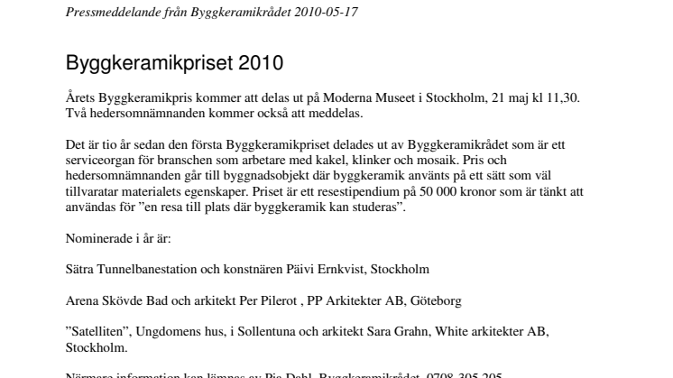 Byggkeramikpriset 2010