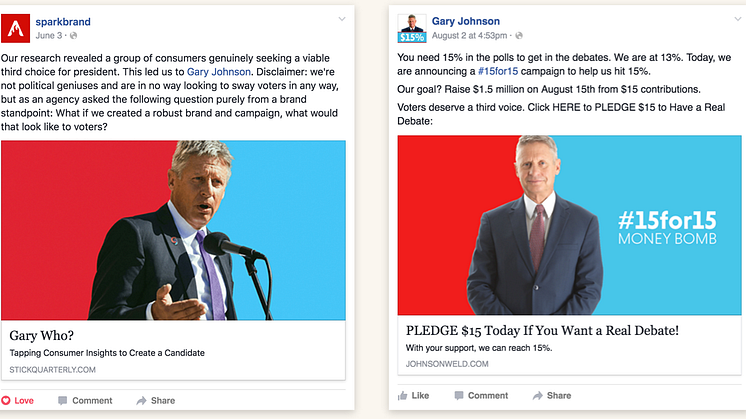 Spark puts its idea (left) side-by-side with the Johnson campaign's own Facebook post on its website http://stickquarterly.com/gary/ . This seems to show unequivocably that one copied the other. But which came first?