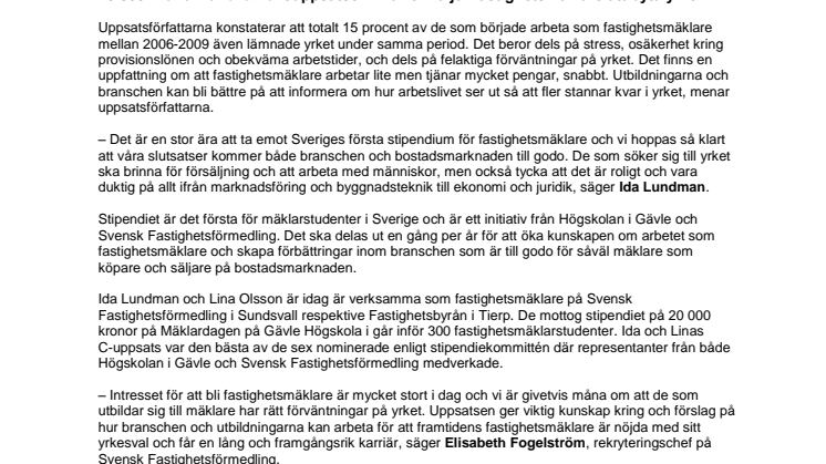 Sveriges första stipendium för mäklarstudenter utdelat
