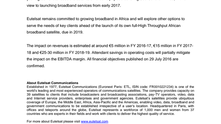 Eutelsat statement on loss of Spacecom’s AMOS-6 satellite