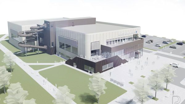 Bild framtagen av PP Arkitekter (utformning baserad på tidigare förslagshandlingar framtagna av Norconsult). Kungsbacka sportcenter, vy mot badhusets foajé med entrétrappa oh relaxterass. Den skissade vyn redovisar tänkt inriktning på färgsättning oc