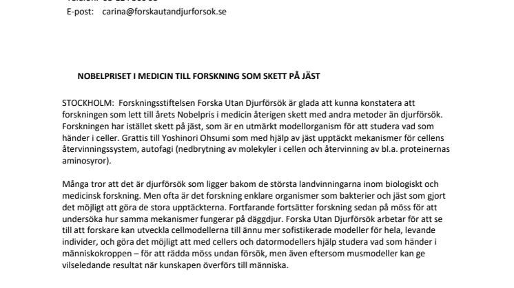 Nobelpriset i medicin till forskning som skett på jäst