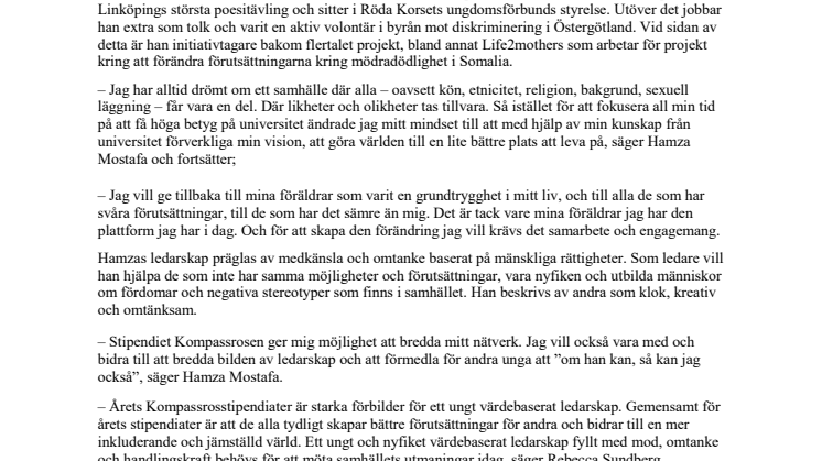 Hamza Mostafa får stipendiet Kompassrosen för sitt engagemang och omtanke om sina medmänniskor 