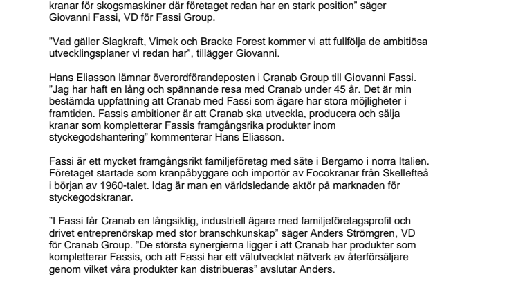 Ägarförändring i Cranab: Blir helägt av italienska Fassi