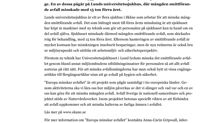 Lunds universitetssjukhus minskade  mängden smittförande avfall med 15 ton