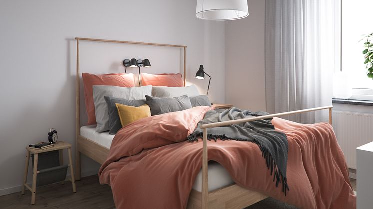 Illustration av interiör, sovrum, BoKlok-lägenhet 4 rok, 2020. 