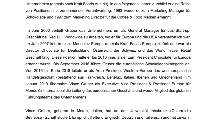 Mondelēz International ernennt Vince Gruber zum Leiter des Europageschäfts