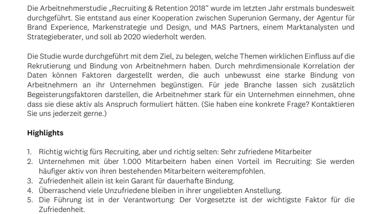 Ergebnisse der Arbeitnehmerstudie „Recruiting & Retention 2018“ liegen vor