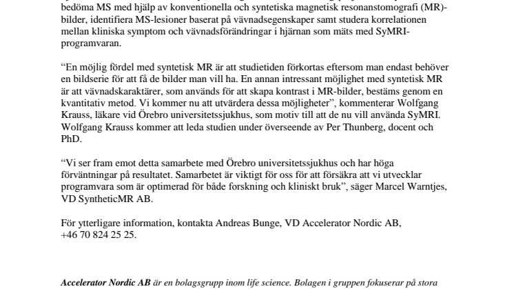 Örebro Universitetssjukhus använder SyntheticMR:s programvara för vävnadssegmentering av hjärnan i forskning om multipel skleros