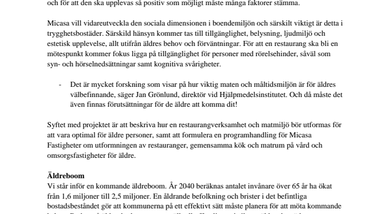 Micasa Fastigheter vill förbättra måltidsmiljön i äldres boende 