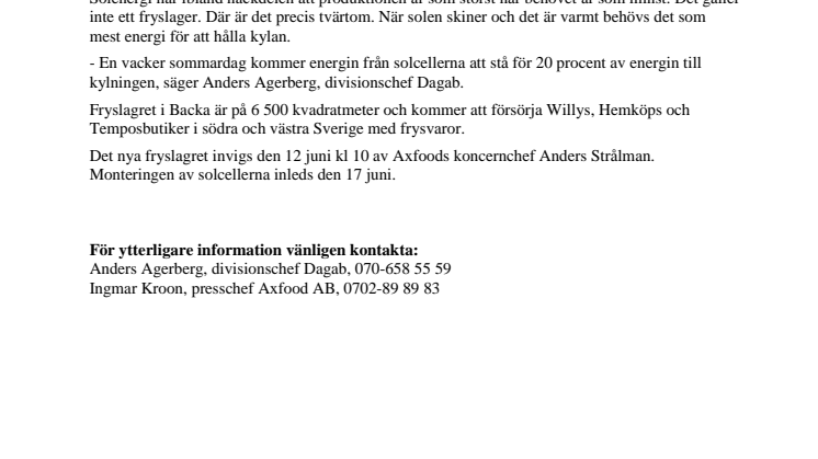  Solceller ger kyla till Dagabs nya fryslager 