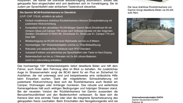 Drahtloser Durchblick mit der neuen BC40-Rückfahrkamera von Garmin 