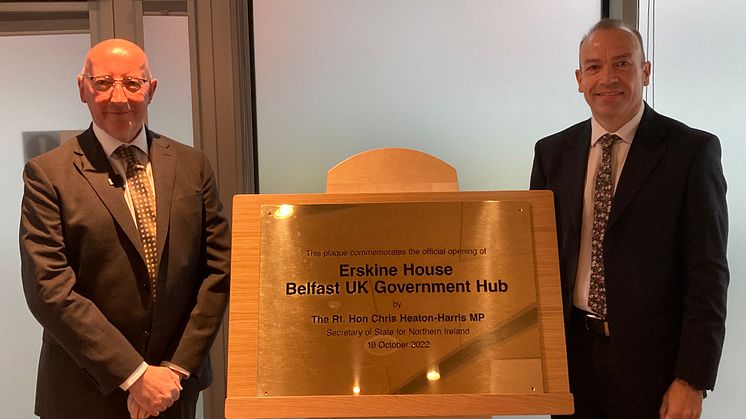 (L-R) Jim Harra, HMRC’s First Permanent Secretary and Chief Executive, and NI Secretary of State Chris Heaton-Harris at the formal opening of Erskine House, HMRC’s Belfast Regional Centre and UK Gov hub