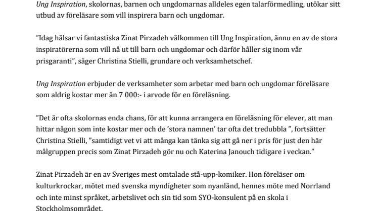 Zinat Pirzadeh blir en av föreläsarna på talarförmedlingen för barn och ungdomar