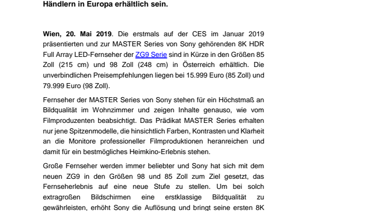 ZG9 Serie: Erste 8K-Fernseher von Sony ab Juni verfügbar